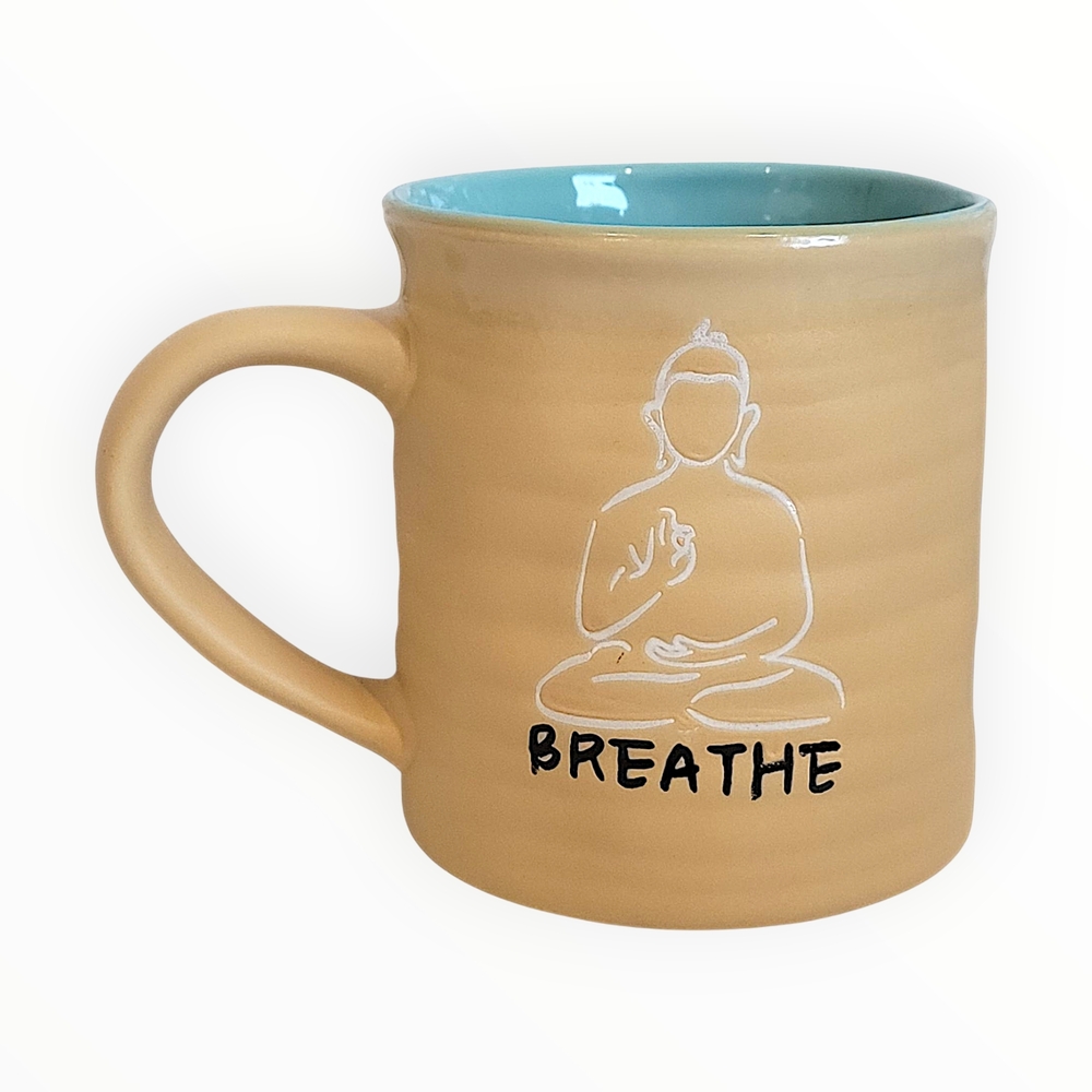 Spectrum Designz Breathe Coffee Mug Ceramic Teal And Yellow Color Buddha Image